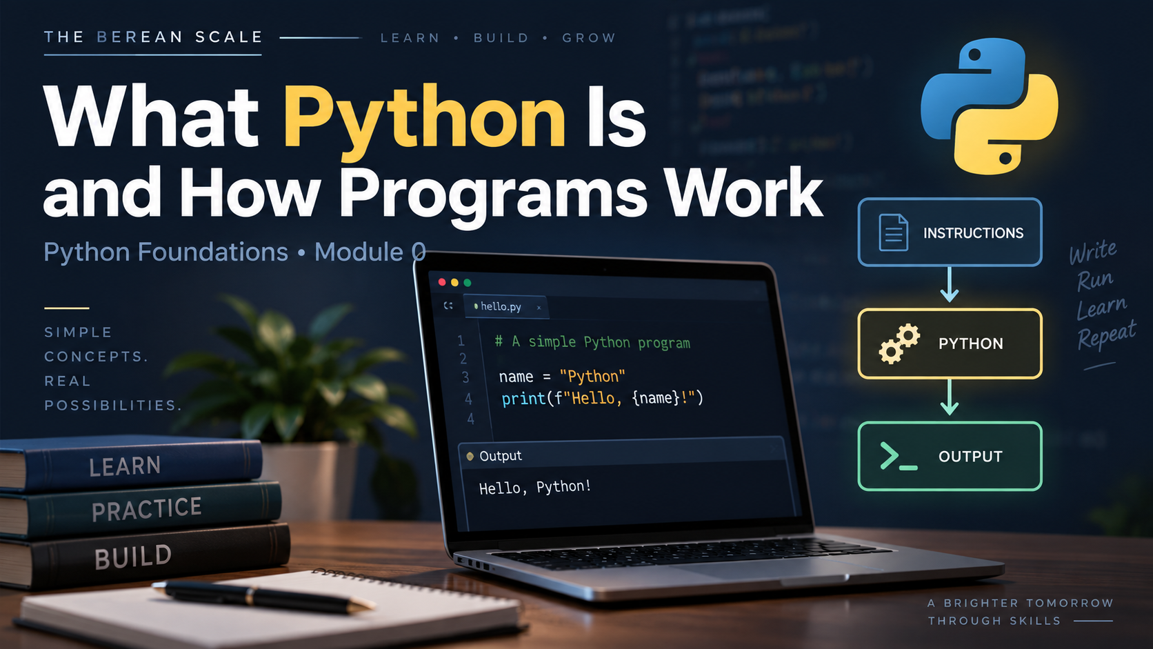 Featured image for What Python Is and How Programs Work, showing Python code, a laptop, and a simple instructions-to-output diagram