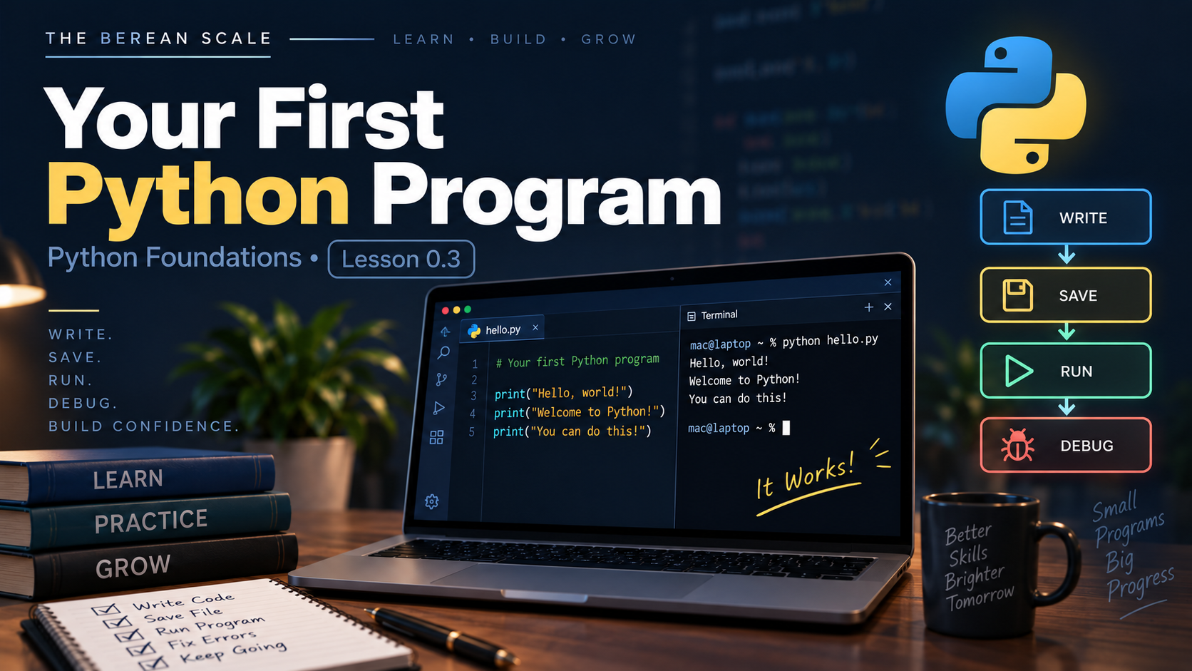 Featured image for Lesson 0.3 showing a laptop with Python code, terminal output, and a write-save-run-debug workflow