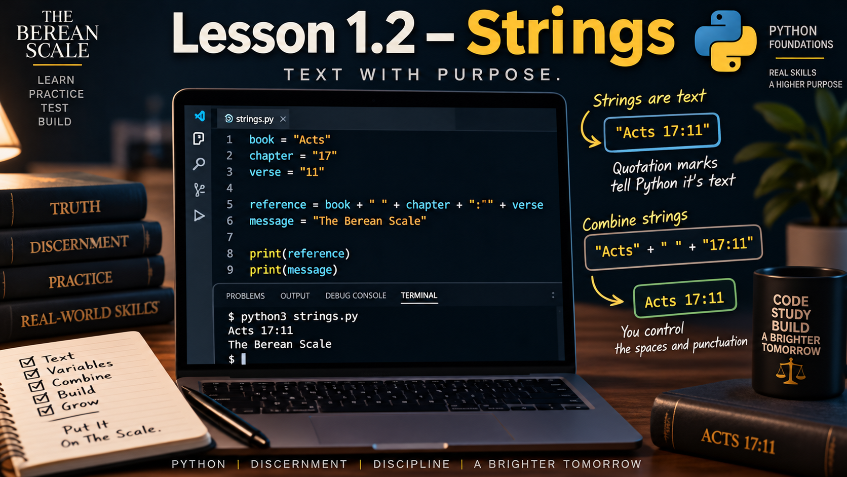 Featured image for Lesson 1.2 showing Python string variables, quotation marks, string concatenation, and terminal output in VS Code