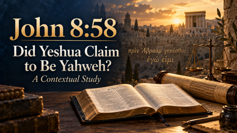 Featured image for a John 8:58 contextual study showing an open Bible, Greek text, ancient Jerusalem, and a balance scale