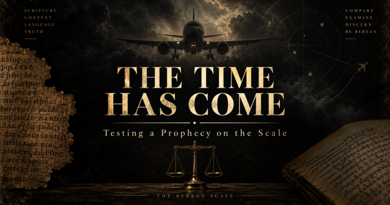 Featured image for “The Time Has Come,” showing a passenger aircraft, radar imagery, ancient Scripture manuscripts, and a balance scale representing the Berean testing of Celestial’s aviation prophecy.