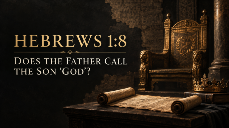 A dark editorial Bible-study image for Hebrews 1:8, featuring antique biblical imagery and elegant typography about whether the Son is called “God.”