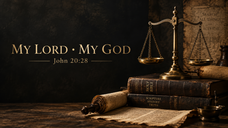 A dark editorial Bible-study image for John 20:28 showing the words “My Lord · My God” beside an antique balance scale, Bible, and scrolls, symbolizing Thomas’s confession to the risen Yeshua.