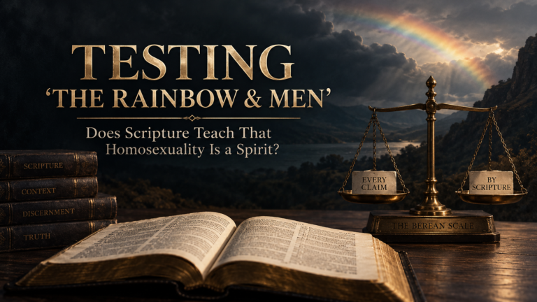 A dark Berean Scale featured image showing an open Bible, antique balance scale, and subdued rainbow beneath storm clouds, symbolizing a Scripture-based review of “The Rainbow & Men” prophecy and its claim that homosexuality is a spirit.