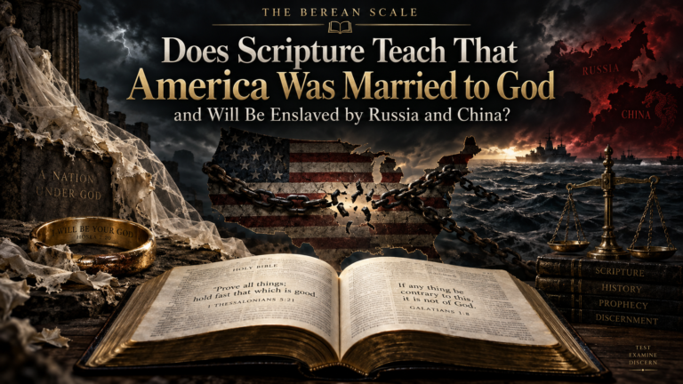 Featured image with symbolic biblical and national imagery illustrating a Scripture-first review of the claim that America was once married to God and will be enslaved by Russia and China.