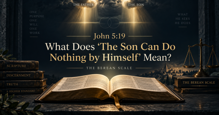 A dark Berean Scale featured image with an open Bible, balanced scales, and light labeled for the Father and the Son, illustrating John 5:19 and Yeshua’s statement that the Son can do nothing by himself.