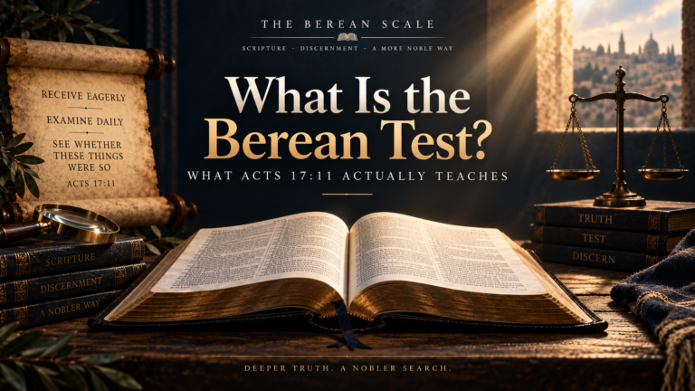 Featured image for a Berean Scale study on Acts 17:11, showing an open Bible, a balance scale, and Scripture-study imagery representing the Bereans receiving the word eagerly and examining the Scriptures daily.