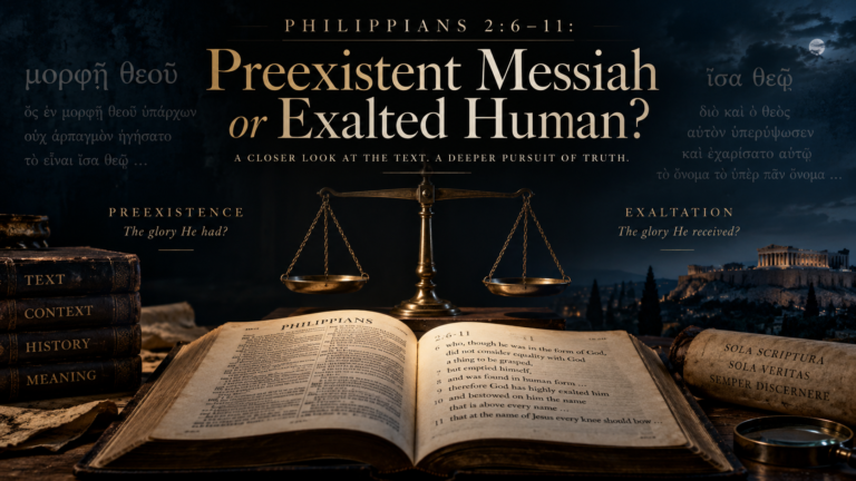 A dark Berean Scale featured image showing an open Bible, a balanced antique scale, Greek text from Philippians 2, and contrasting themes of preexistence and exaltation, illustrating a study of Philippians 2:6–11.