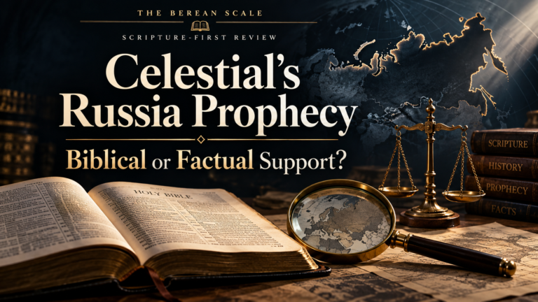 A dark Berean Scale featured image with an open Bible, a map of Russia, balanced scales, and research imagery, representing a Scripture-first and factual review of Celestial’s Russia prophecy from The Master’s Voice Prophecy Blog.