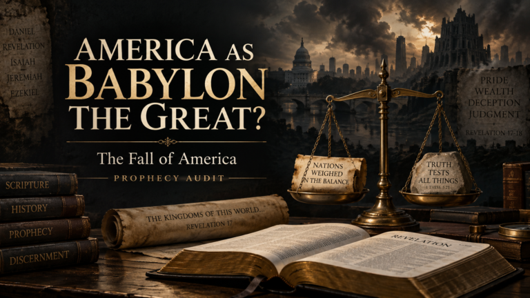 A dark Berean Scale featured image showing an open Bible, an antique balance scale, the U.S. Capitol, and Babylon imagery, symbolizing a Scripture-based audit of the claim that America is Babylon the Great.