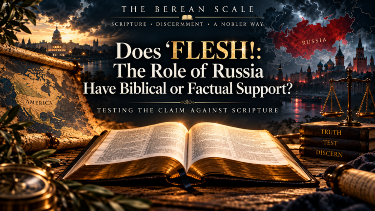 Featured image for a Berean review of “FLESH!: The Role of Russia,” showing an open Bible, maps of America and Russia, discernment scales, and imagery representing the testing of prophetic claims against Scripture and evidence.