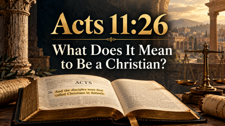 Featured image for Acts 11:26 showing an open Bible with the words “the disciples were first called Christians in Antioch,” set against an ancient Antioch scene with a Berean-style balance scale.