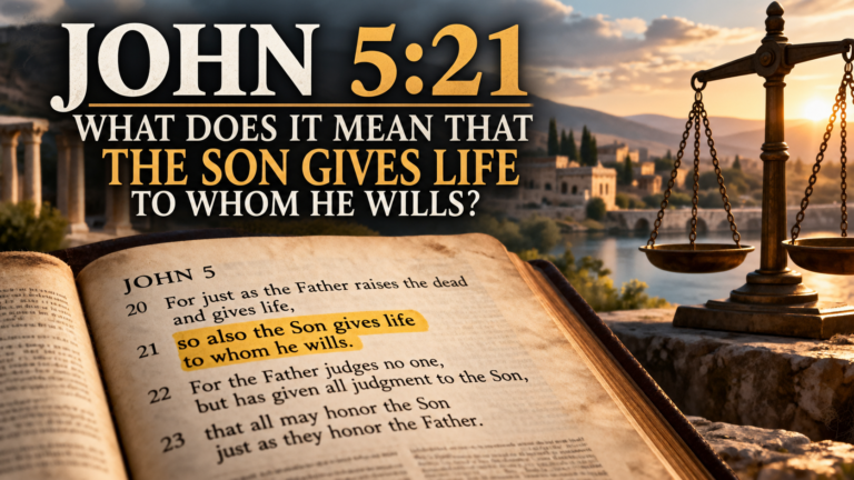 Featured image for John 5:21 showing an open Bible highlighting that the Son gives life to whom He wills, with a balance scale and ancient biblical landscape in the background.