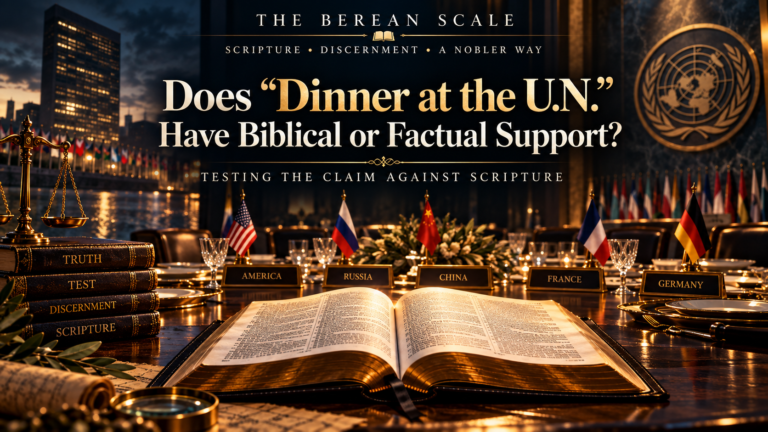 Open Bible on a U.N.-style conference table with America, Russia, China, France, and Germany represented by flags and nameplates, illustrating a Berean review testing the “Dinner at the U.N.” prophecy claim against Scripture and factual evidence.