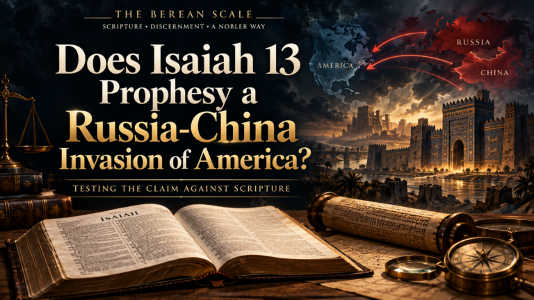 Featured image for a Berean study testing whether Isaiah 13 prophesies a Russia-China invasion of America, with an open Bible, ancient Babylonian imagery, and a map showing Russia, China, and America.