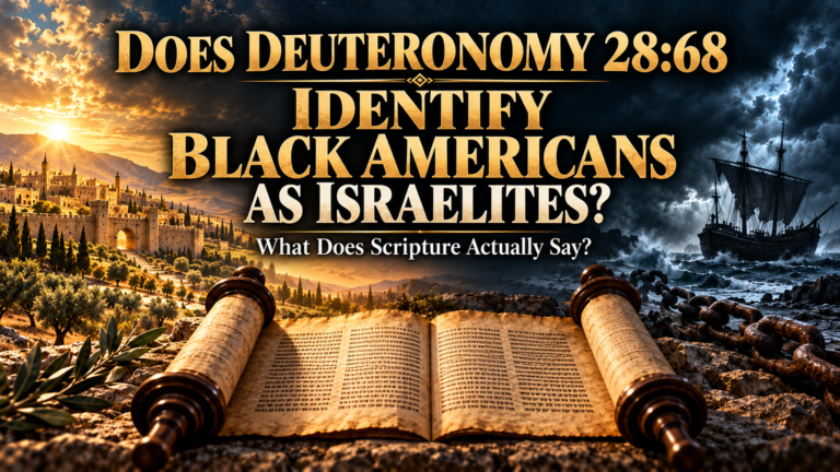 Featured image for a Scripture study on Deuteronomy 28:68, showing an open Torah scroll, ancient Israel, a ship at sea, and broken chains while asking whether the passage identifies Black Americans as Israelites.