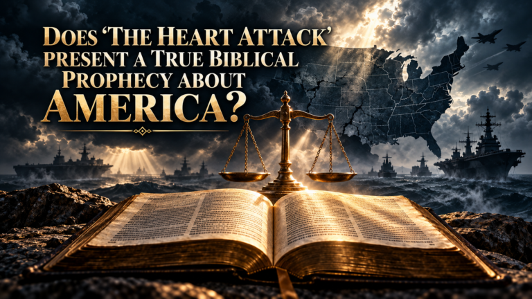Open Bible and balanced scales before a stormy American backdrop, symbolizing a scriptural test of “The Heart Attack” prophecy claim about America.