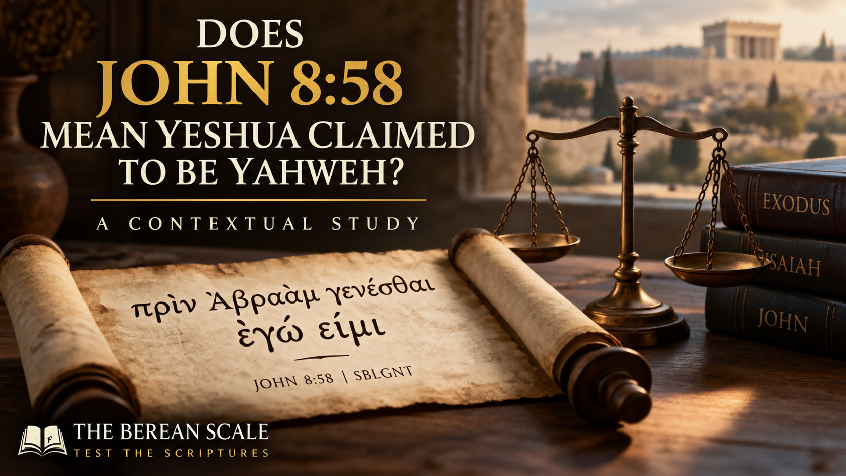 John 8:58 study featuring a Greek manuscript, balance scale, and books of Exodus, Isaiah, and John